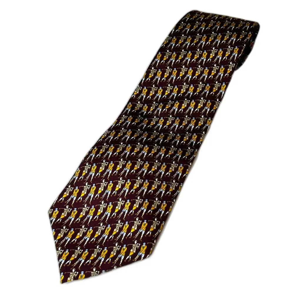 Brooks Brother Men's Burgundy Gold Golfer Print 100% Silk Tie
